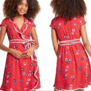 MODCLOTH Daytime Dapper Retro Red Floral Polka Poppy Y2K Medium True Wrap Dress